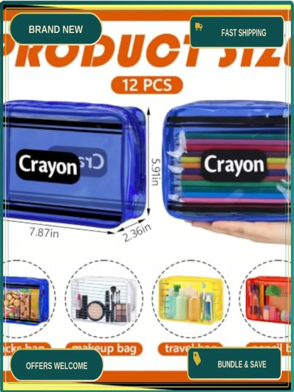 12 Pack Clear PVC Pencil Pouches Waterproof Transparent Zipper Bags for School